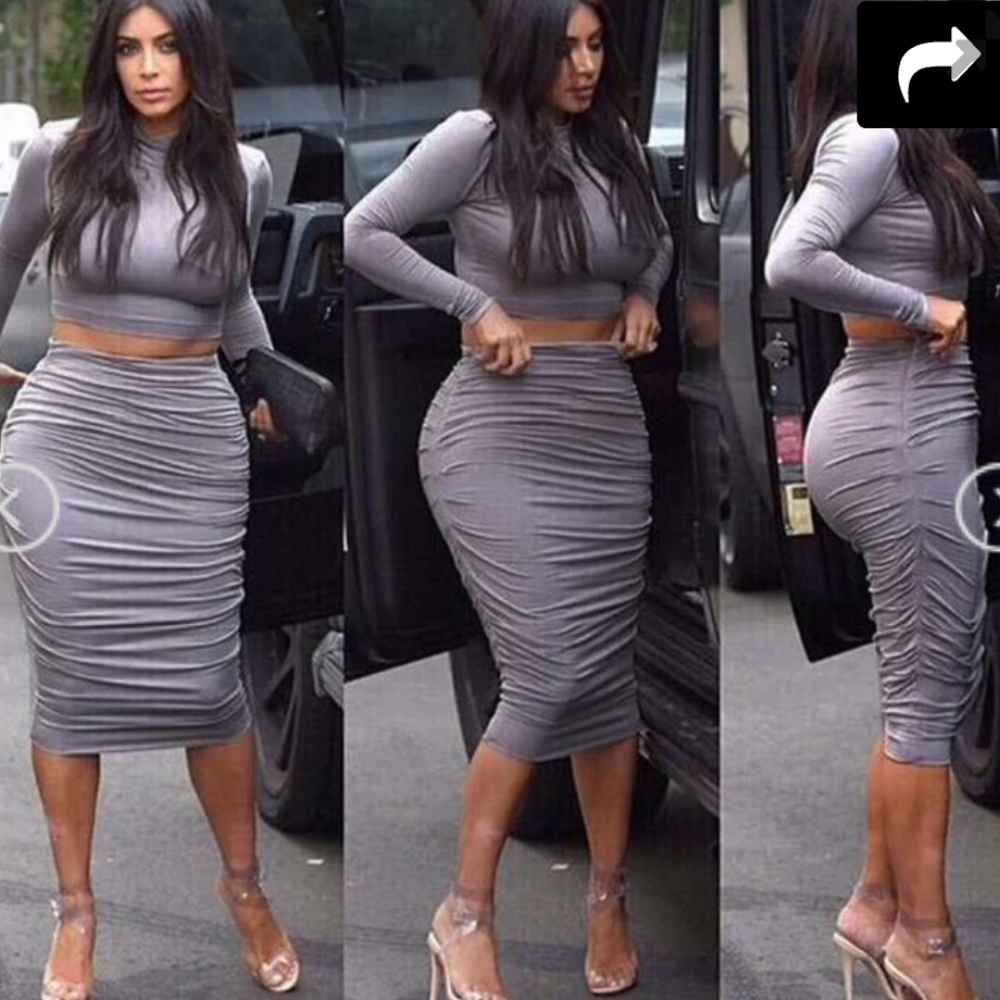 Long Sleeve Crop Top & Bodycon Knee-length Skirt Dress Set.